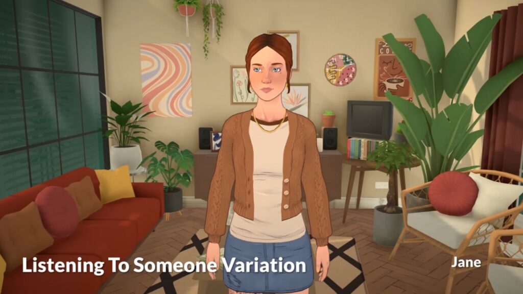 A screenshot from a sneak peak video for Paralives. This screenshots shows a para standing in a living room chatting with someone and just listening. 
