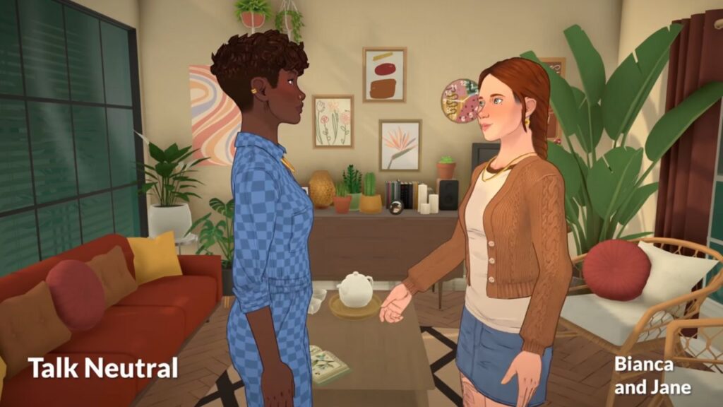 A screenshot from a sneak peak video for Paralives. This screenshots shows two paras having a neutral or friendly conversation while standing in a living room. 