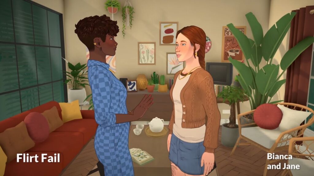 A screenshot from a sneak peak video for Paralives. This screenshots shows two para flirting with one para turning the other one down.
