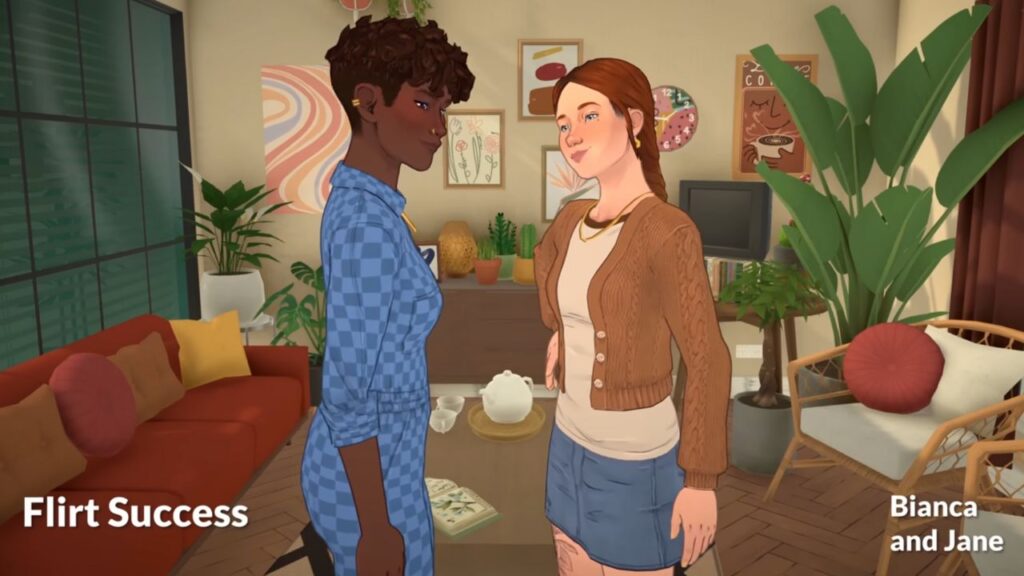 A screenshot from a sneak peak video for Paralives. This screenshots shows two paras talking and flirting successfully in a living room. 
