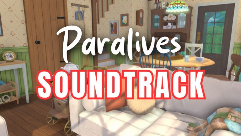 A screenshot from The Sims 4 showing the words "Paralives Soundtrack" on top of a screenshot from the game