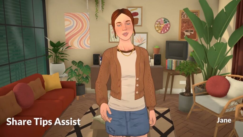 A screenshot from a sneak peak video for Paralives. This screenshots shows a para with red hair and a t-shirt and cardigan, the are talking and giving tips. 