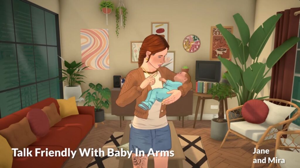 A screenshot from a sneak peak video for Paralives. This screenshots shows a para holding a baby and chatting with them. 