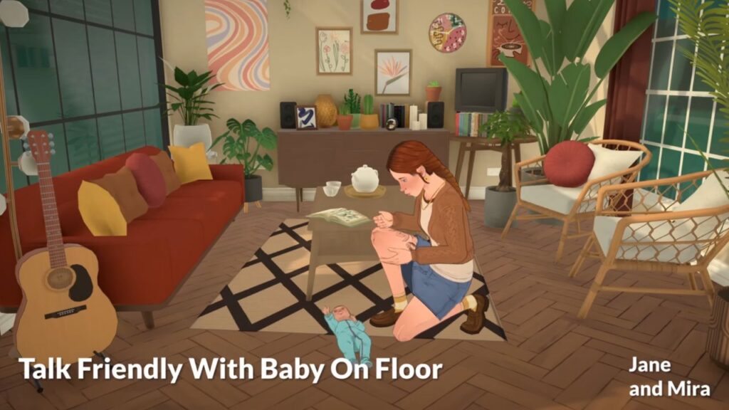 A screenshot from a sneak peak video for Paralives. This screenshots shows a baby on the floor and a para crouched down to chat with them. 