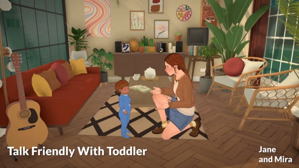 A screenshot from a sneak peak video for Paralives. This screenshots shows a female para crouching down to chat with a toddler. 
