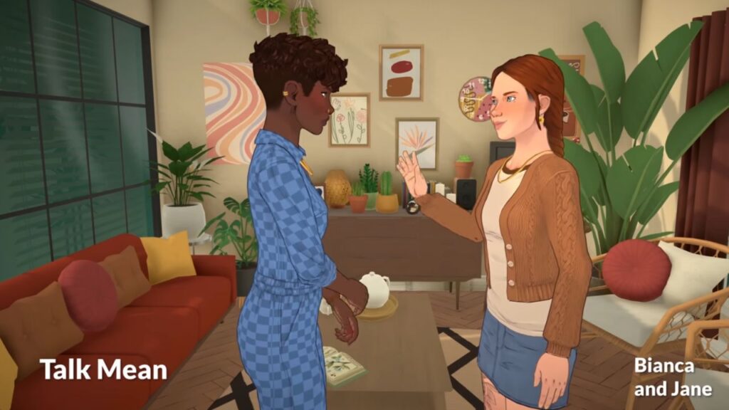 A screenshot from a sneak peak video for Paralives. This screenshots shows a para on the right being mean to a para on the left. 