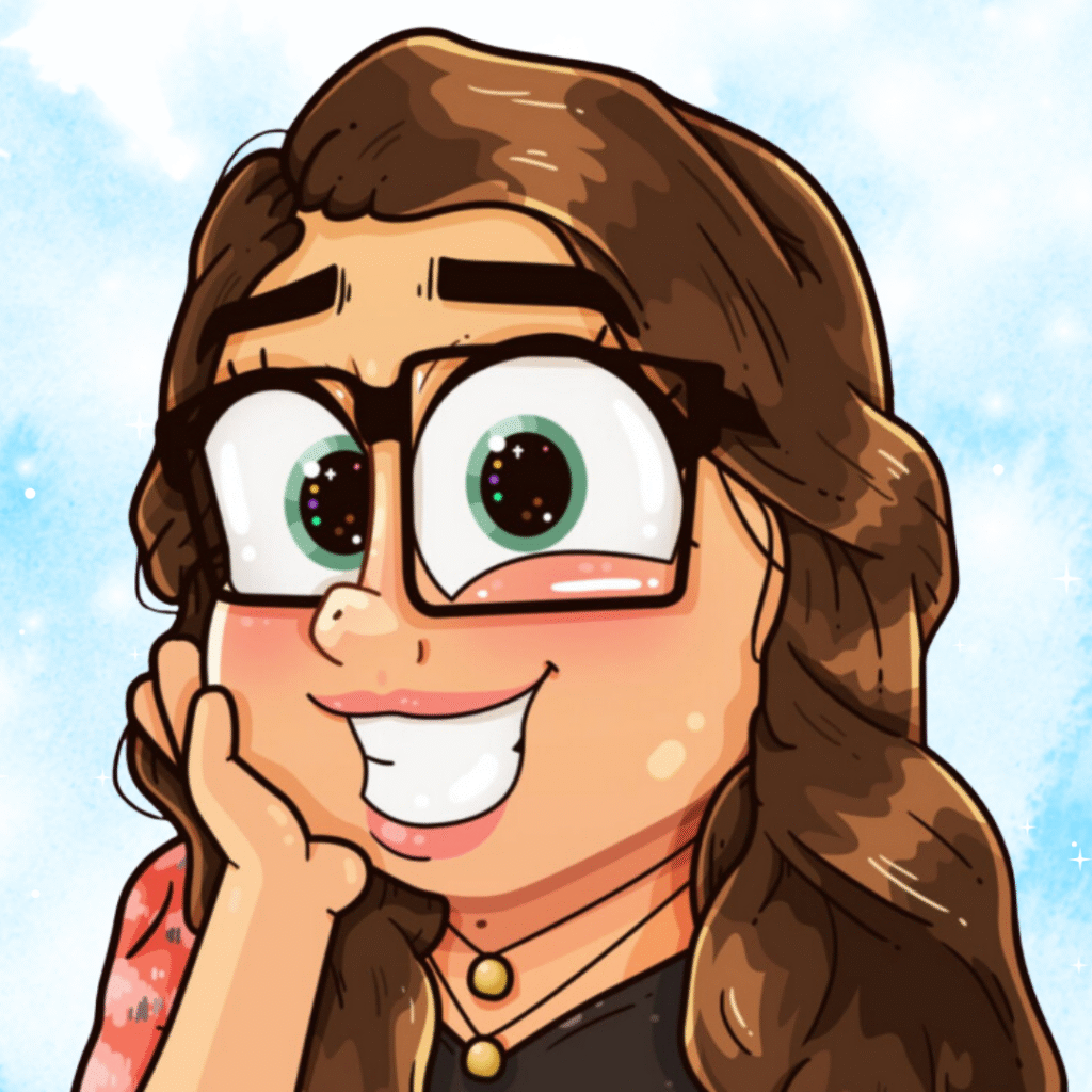 An avatar of the Creator of Ultimate Paralives Guides, Taylor O'Halloran. This image has a blue cloudy background and a cartoon drawing of a girl with large glasses and brown hair 