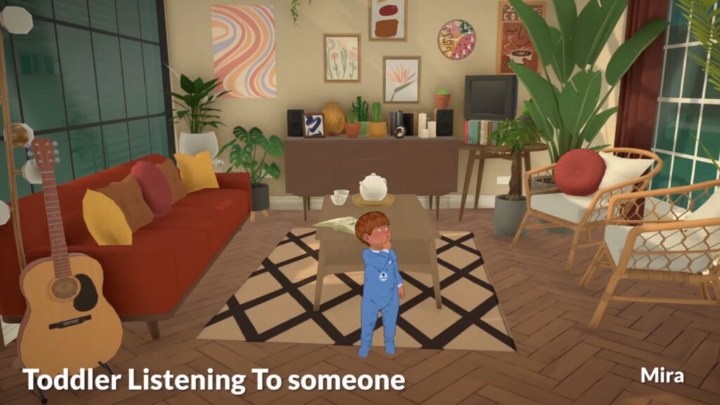 A screenshot from a sneak peak video for Paralives. This screenshots shows a toddler standing in a living room listening to someone talk. 