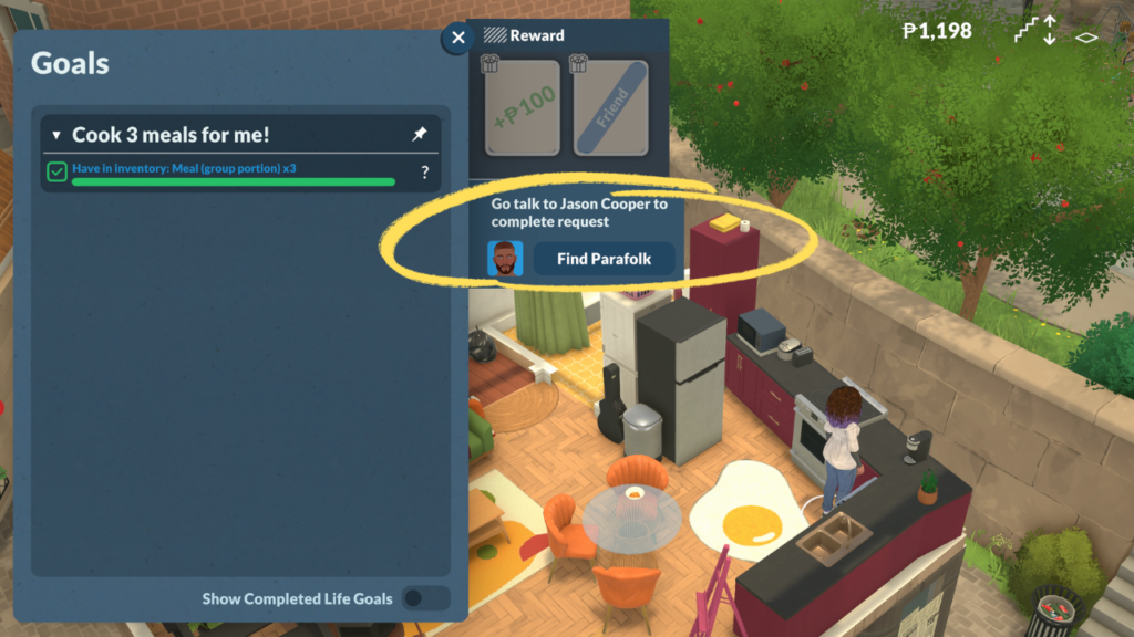 This is a screenshot from Paralives. It shows how you can find a Parafolk after finishing a quest.