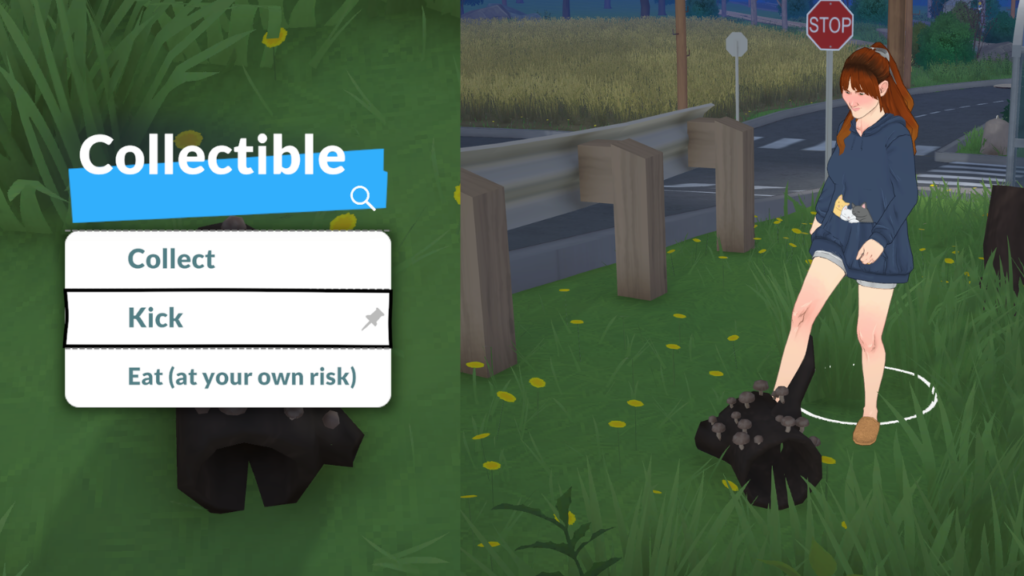This is a screenshot from Paralives. This shows the option to kick a mushroom log.