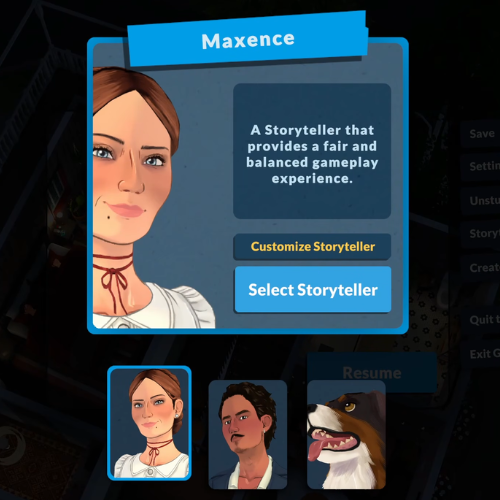 This is a screenshot from Paralives. This shows the option to change your storyteller later. 