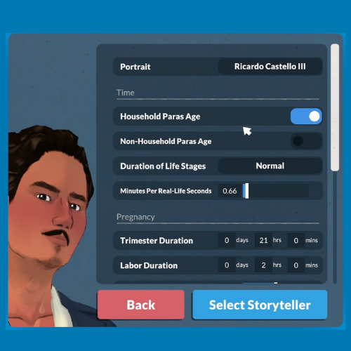 This image is a screenshot from Paralives. It shows the gameplay customization options with a storyteller. 