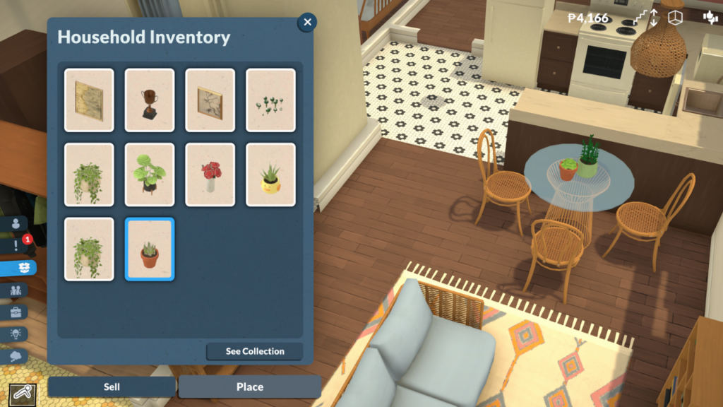 This is a screenshot from Paralives showing how to place items from your inventory into your house