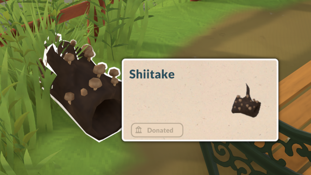 This is a screenshot from Paralives. This shows a log covered in Shiitake Mushrooms.