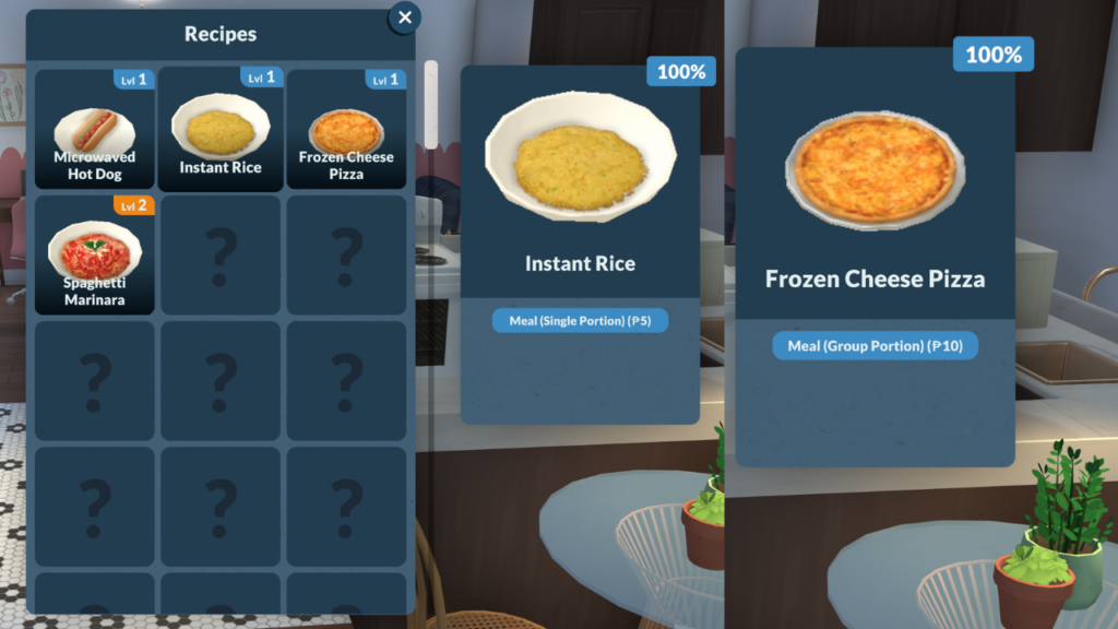 This is a screenshot from Paralives. This image shows the difference between group portions and single portions.