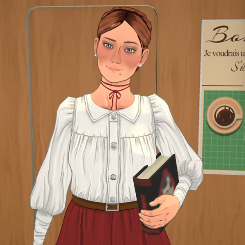 This is a screenshot from Paralives. This shows Maxence the storyteller holding a book 