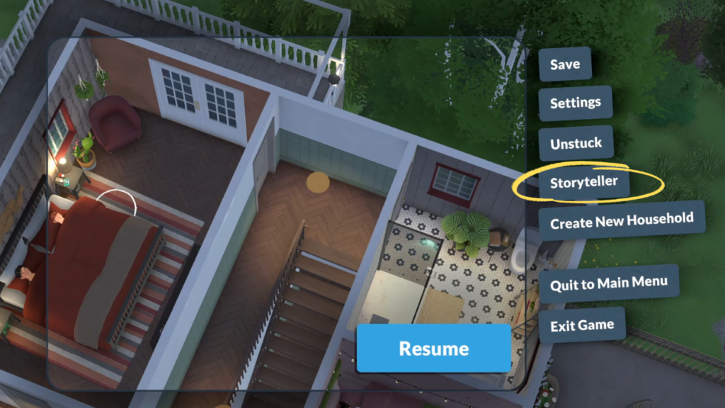 This is a screenshot from Paralives. It shows the pause menu and has the word Storyteller circled. 