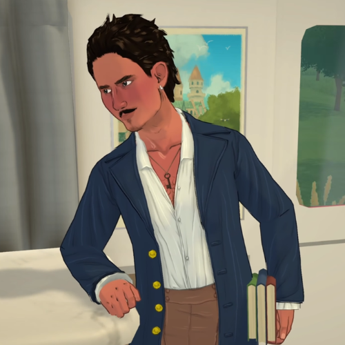 This is a screenshot from Paralives. This image shows Ricardo Castello III holding three books. 
