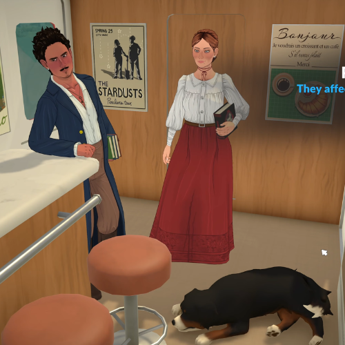 This is a screenshot from Paralives. This image shows the three storytellers on the train. 