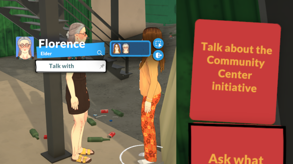 This is a screenshot from Paralives. The image shows two Paras talking and the "talk about the community center initiative" interaction 