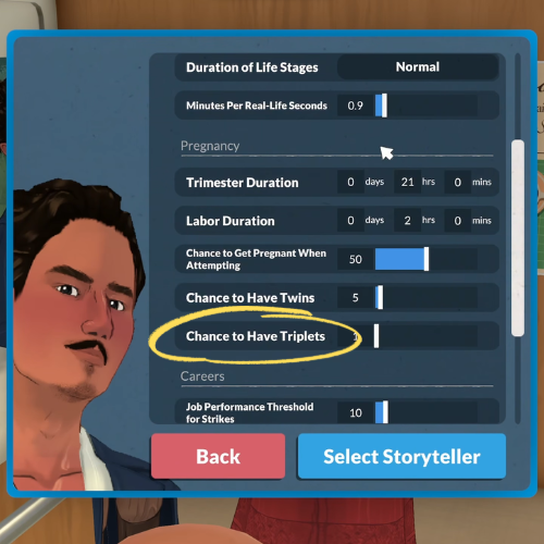 This is a screenshot from Paralives. This image shows the storyteller customization menu with "chance to have triplets" circled in yellow. 