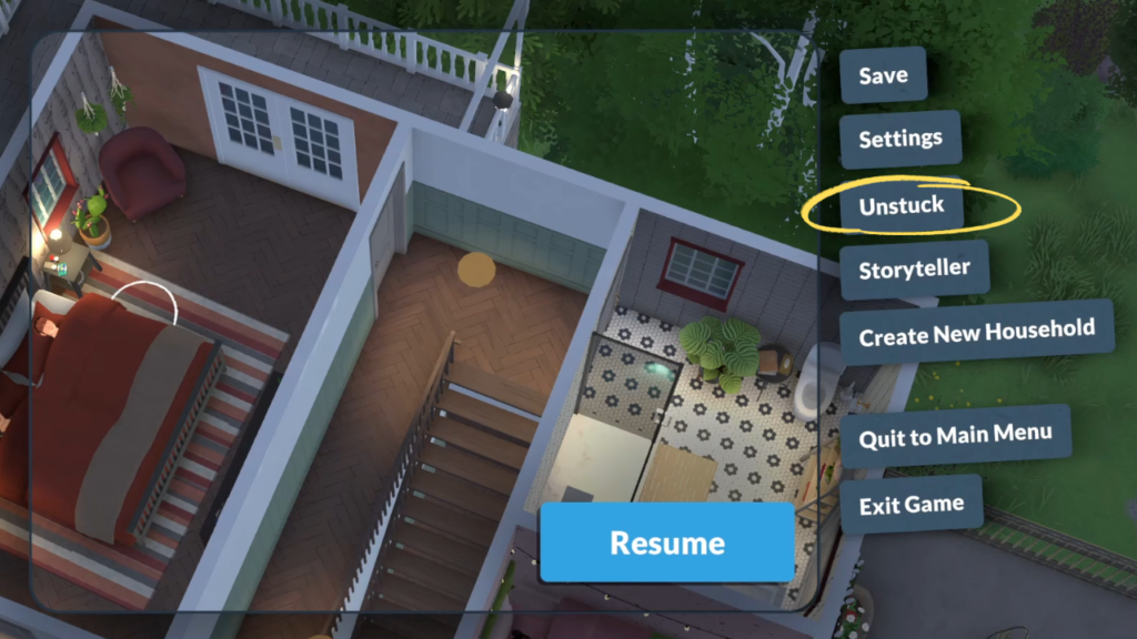 This is a screenshot from Paralives. It shows the pause menu with the word unstuck circled in yellow. 